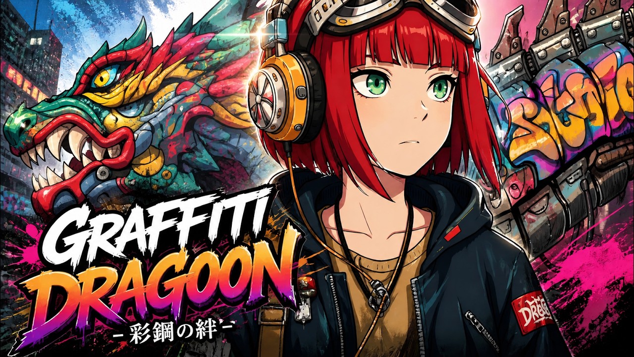 赤い髪の少女と色鮮やかなドラゴン。GRAFFITI DRAGOONのビジュアル