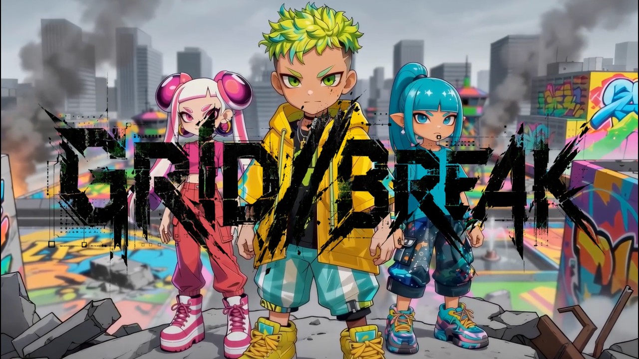 カラフルな街に立つ3人のキャラクター。GRID BREAK