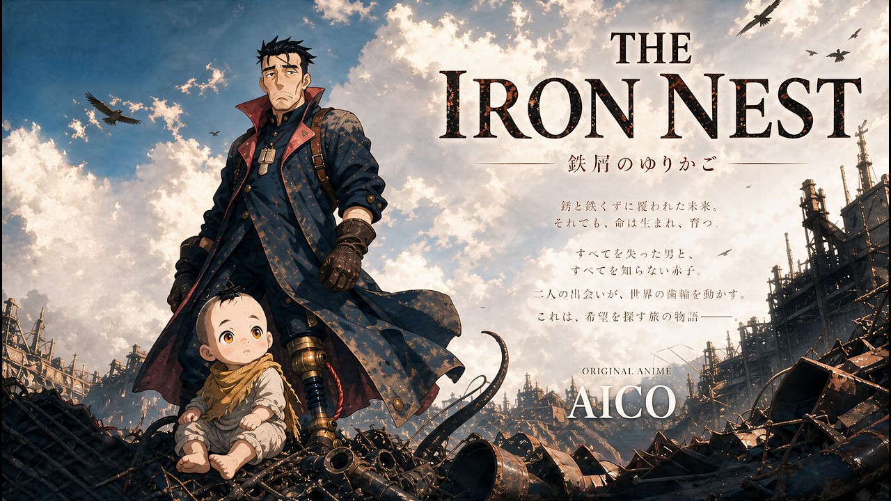 鉄屑の世界に立つ元兵士と赤ん坊。THE IRON NESTのポスター